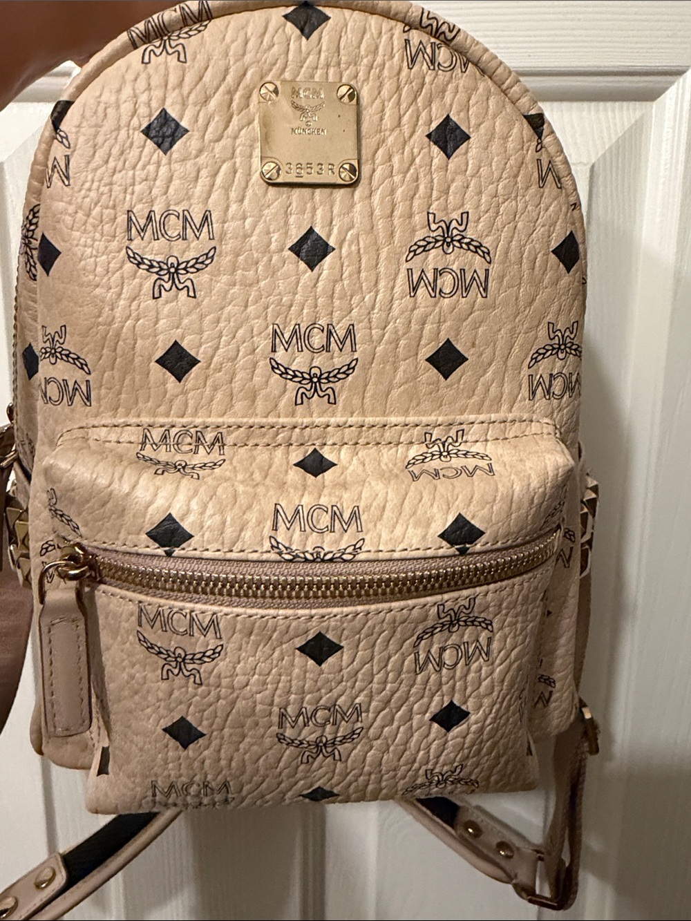 MCM Beige Logo Canvas Mini Backpack with Gold Plaque